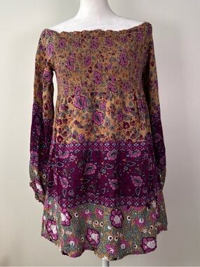 Raga Anthropologie Smocked Floral Blouse Top tunic Size Medium Boho Whimsy